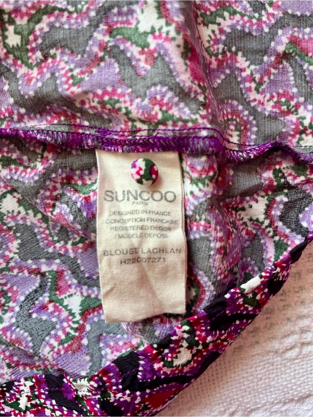 SUNCOO Purple & Magenta Pattern Blouse, V-Neck Long-Sleeve Frilly Collar Ditsy - Picture 7 of 13